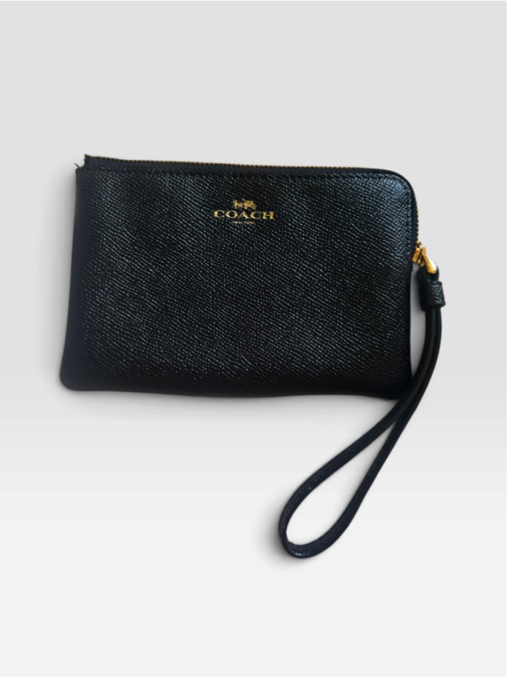 Coach Corner Zip Wristlet Leather Wallet Black Gold NWOT